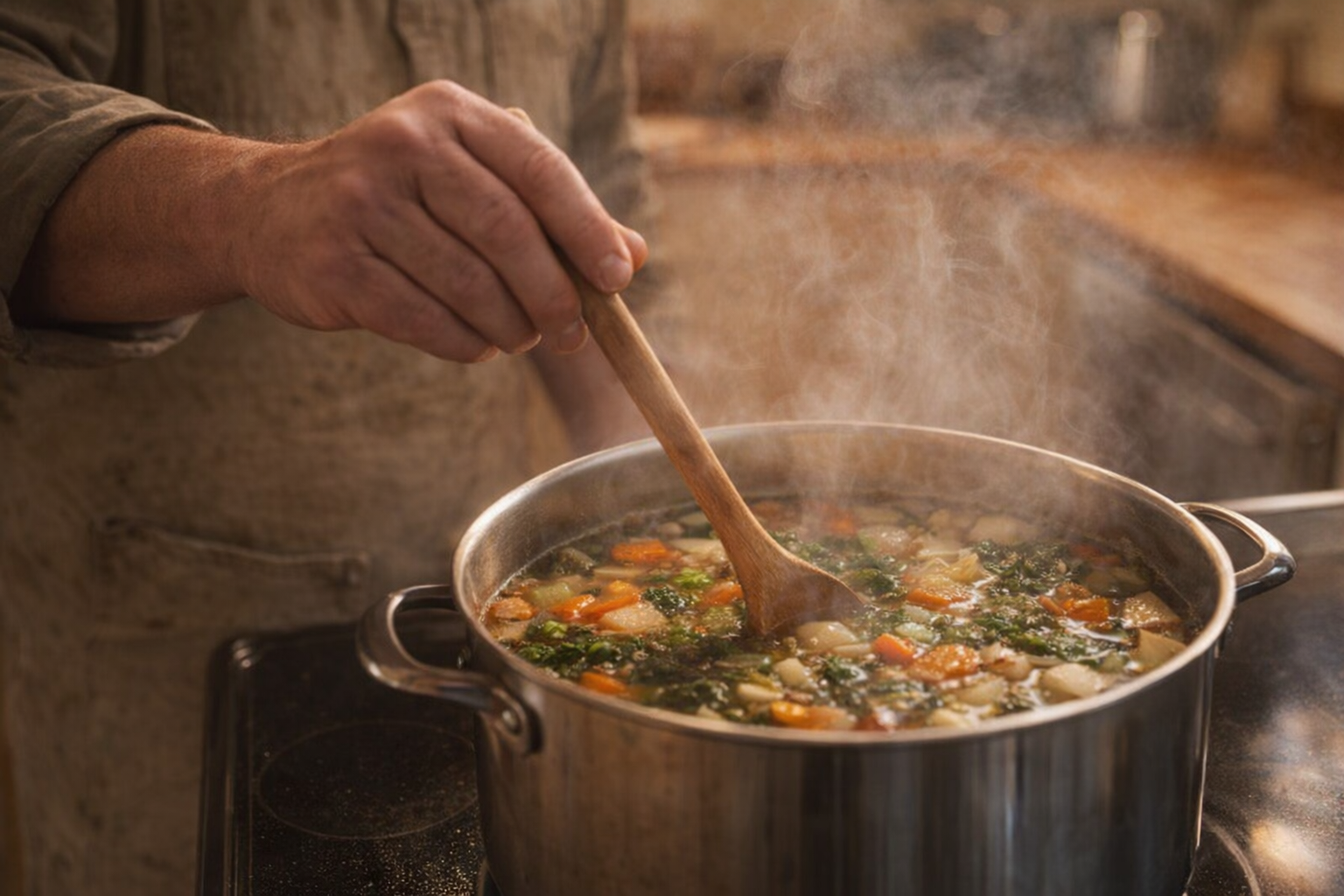 Vegetable soup simmering in a pot on the stovetop, steam rising, wooden spoon stirring, warm light